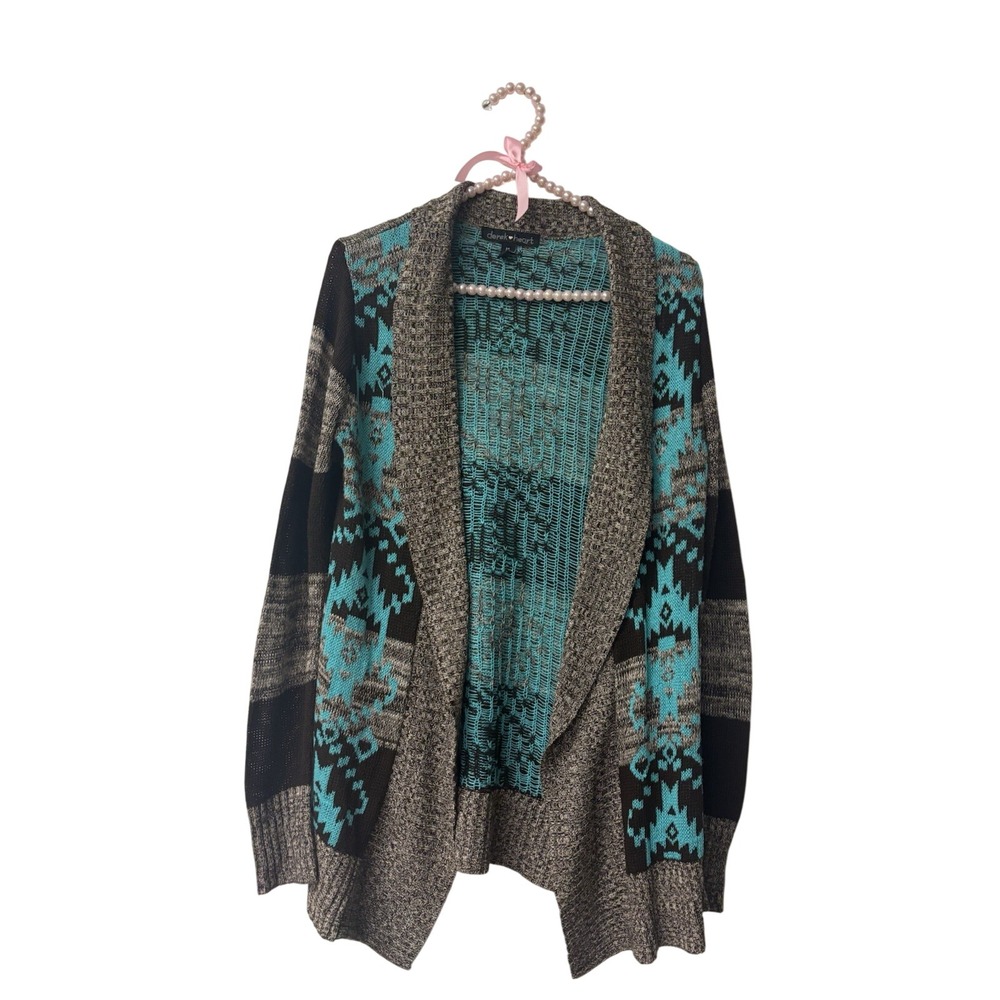 Derek Heart Women Medium Cardigan Sweater Turquoise Tribal Geometric Open Front